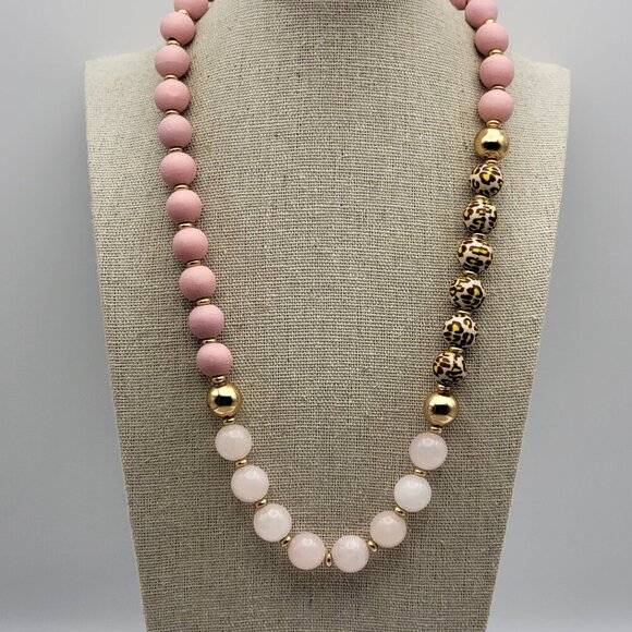 Jewelry - Rose Quartz Leopard Wooden Ball Beaded Necklace 23" Multicolor Gold-Tone Lobster